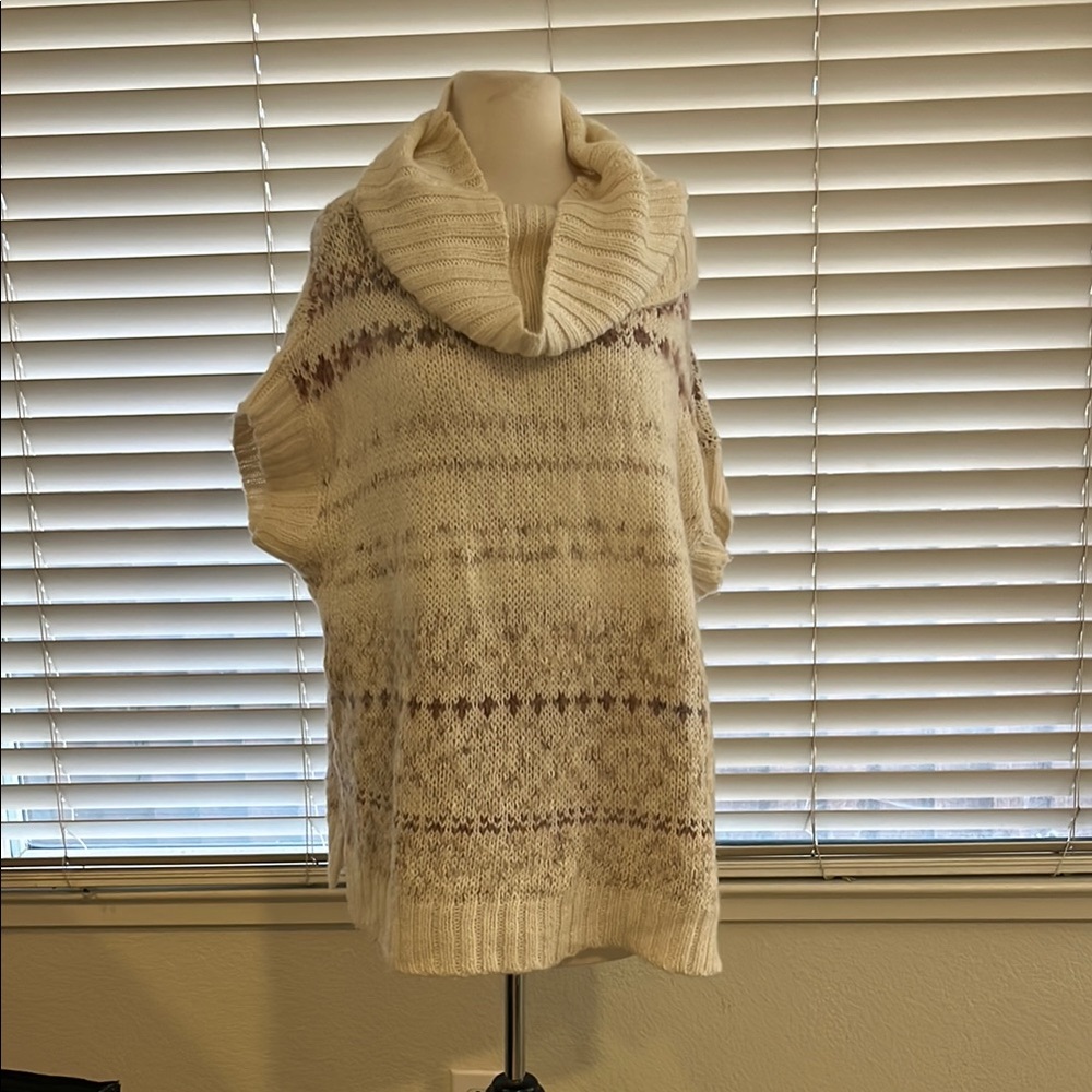 Free People Cream and Brown Cowl Neck Short Sleeve Sweater